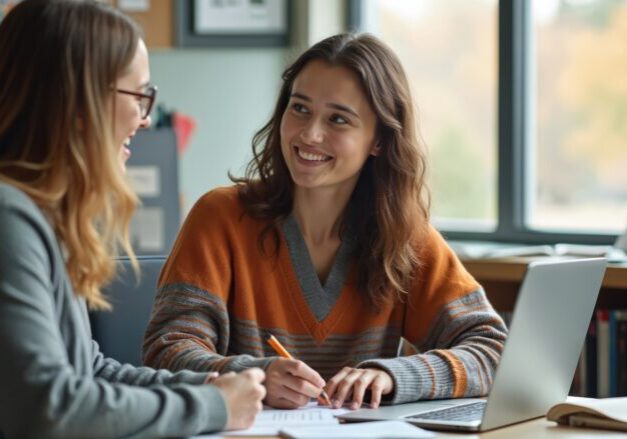 Student receives college counselor guidance discussing academic plans in bright supportive office. Advisor helps student with career choice. Mentorship in education, professional development success.